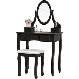 "Black Glass Vanity <b>Makeup</b> Table with Lighted <b>Mirror</b> & 5 Drawers/ Stool" - Product Image 1