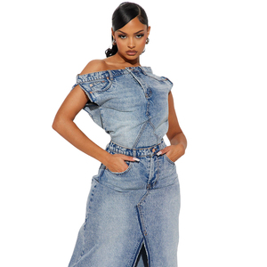 Robe en jean asymétrique à fente haute et poches, bleu délavé, style décontracté pour femme, collection été - Product Image 5