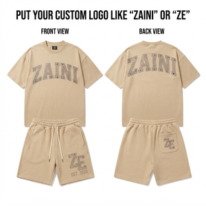 Mens Premium Polyester Breathable Summer T Shirt <b>Short</b> <b>Set</b> 280 GSM Rhinestone Logo Custom Beige Casual Two Piece Outfit Wear - Product Image 1