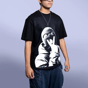 T-shirts en coton tricoté surdimensionnés pour hommes, col rond, manches longues, écologiques, anti-plis, logo gaufré sur le devant, style urbain - Product Image 3