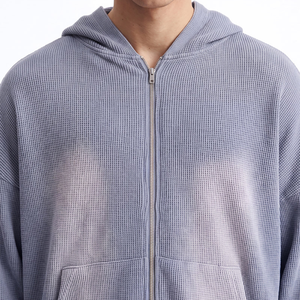 Sweat-shirt à capuche zippé en maille gaufrée surdimensionné pour homme, décontracté, en coton, pour l'automne, avec poches, coupe classique - Product Image 4
