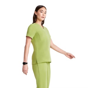 Blusa Médica Verde Lima para Mujer, Manga Corta, Cuello en V, con Bolsillo, Uniforme de Hospital, Mezcla de Algodón y Poliéster - Product Image 4
