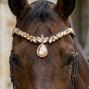 Élégante bride de cheval en cuir sur mesure avec mèche frontale en cristal doré champagne en forme de goutte à clipser, accessoires équestres scintillants pour chevaux - Product Image 6