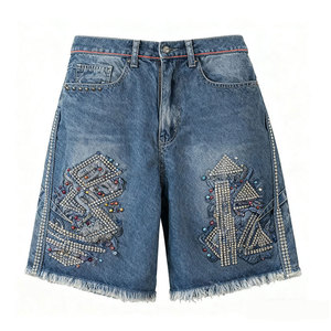 Mens Distressed Dark Blue Denim Shorts with Raw Hem and Casual Fit Stylish Streetwear Custom Fashion Denim Shorts - Product Image 5