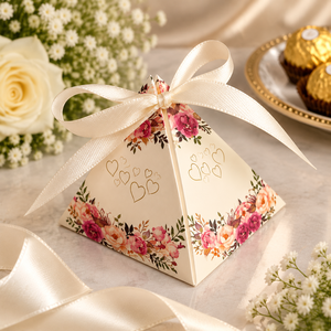 Boîte cadeau pyramidale florale personnalisée avec nœud en ruban, boîte d'emballage de luxe pour dragées de mariage, chocolats et bonbons, emballage cadeau haut de gamme - Product Image 1