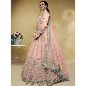 Great Zeel Clothing Pink Foil Work <b>Net</b> Semi-Stitched Engagement Wear Lehenga Choli with <b>Dupatta</b> - Product Image 5
