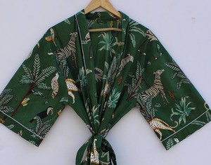 Bata tipo kimono con estampado de selva verde para mujer, bata envolvente de algodón con cuello en V, ropa de verano de longitud completa, batas para damas de honor, ropa de playa - Product Image 1