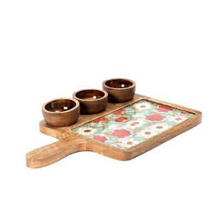 Bandeja de Cocina Rústica de Madera con Tres Mini Tazas de Madera para Servir Frutos Secos, Nueces, Dulces y Chutneys - Product Image 1