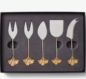 Juego de cuchillos y espátula para queso chapados en oro, de acero inoxidable con mangos con diseño de abanico, perfecto para cenas elegantes en el hogar y restaurantes. - Product Image 4