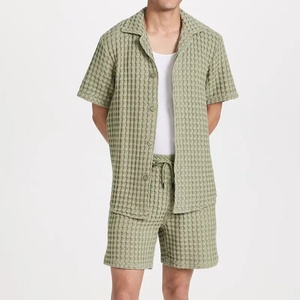 Custom Mens Summer Waffle <b>Knit</b> Shirt and Shorts <b>Set</b> Casual Two Piece Outfit Manufacturer - Product Image 3