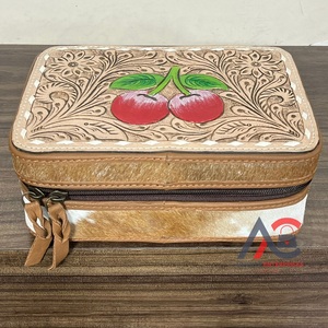 New Arrival Hand Tooled Cherry Design <b>Fur</b> Leather Portable Jewelry Case Luxury Zipper Closure Women Gift & Jewelry Organizer Box - Product Image 1