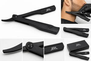 Navaja de afeitar recta JRL negra y dorada con mango antideslizante para uso en barberías - Product Image 4