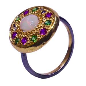 Gemvanity <b>Opal</b> Muti Color Topaz Channel Setting Classic Engagement <b>Ring</b> Vermeil Sterling <b>Silver</b> Gold-Plated Unisex Elegant - Product Image 1