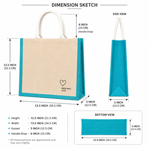 กระเป๋าหิ้วชายหาดจากปอกระเจาแบบรักษ์โลก ขนาด 12.5x13.5x5 นิ้ว แต่งขอบสีเขียวอมฟ้า ลายหัวใจ พร้อมหูหิ้วเชือก สำหรับใส่ของช้อปปิ้ง - Product Image 2