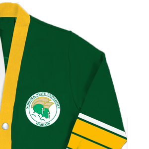 Cárdigans con Cuello en V de la Universidad Estatal de Norfolk 1935, Verde y Amarillo, Logotipo Bordado, Suéteres de Punto de Manga Larga, Hermandad Universitaria - Product Image 4