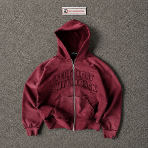 Maroon Washed Oversized Hooded Jacket Embroidered Letter Full Zipper <b>Hoodie</b> Retro <b>Burgundy</b> Grunge Street Style Distressed Urban - Product Image 5