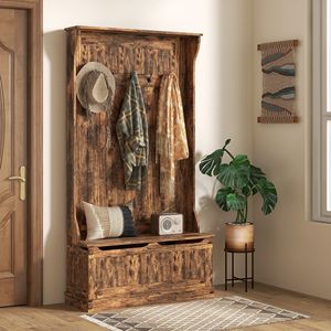 3-in-1 Rustic Brown Entryway Bench with Coat Rack & <b>Shoe</b> Storage Hall Tree with 5 <b>Hooks</b> Free Standing MDF Material - Product Image 2