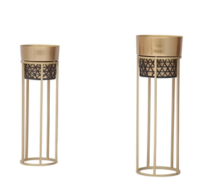 Support de plantes géométrique en métal doré avec pots, lot de 2, cage cylindrique haute, support de plante sur pied pour la décoration du salon et du balcon - Product Image 1