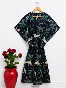 Women Black Floral Print Cotton <b>Kaftan</b> Dress | V-neck Batwing Sleeve Maxi Safari <b>Beach</b> Cover-Up Boho Resort Wear Free Size - Product Image 1
