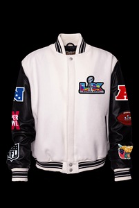 Veste universitaire en laine et cuir Super Bowl 2026, blanc clair et noir - Product Image 1