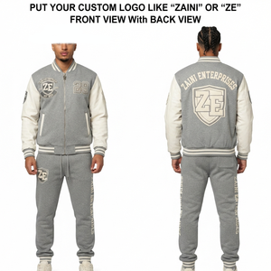Men Varsity Tracksuit 380 GSM Cotton Polyester Fleece Grey White Contrast Sleeves Custom <b>Embroidery</b> Chenille Patch Print Logo - Product Image 1