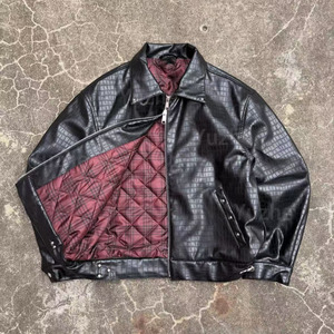 Chaqueta de Motociclista de Cuero para Hombre, Cuello Camisero, Cierre de Cremallera, Patrón de Cocodrilo Repujado, Color Sólido, para Otoño, Corte Regular - Product Image 2