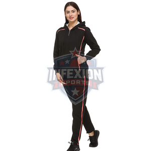 Ensemble de survêtement noir à capuche pour femmes, avec bordure rose, sweat-shirt à fermeture éclair sur toute la longueur et pantalon à poches latérales, vêtements décontractés d'automne - Product Image 4