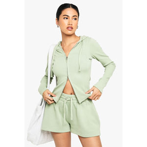 Ensemble de survêtements deux pièces pour femme de haute qualité, avec logo personnalisé, couleur unie, sweat à capuche court à manches longues et pantalon de jogging décontracté pour l'automne - Product Image 5