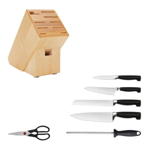 Ensemble de couteaux de cuisine à lame argentée avec manches noirs, bloc en bois marron clair, cisailles et aiguiseur pour trancher, couper et préparer les aliments - Product Image 5