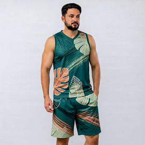 Conjunto de camiseta sin mangas y pantalones cortos con estampado geométrico para hombre, cuello redondo, de secado rápido, tejido de poliéster, estilo deportivo, para verano. - Product Image 6