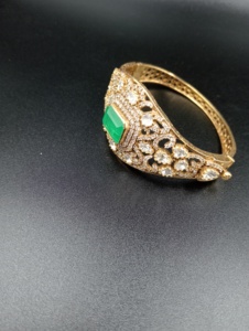 Classic Gold Plated <b>Cuff</b> <b>Bracelet</b> With Emerald Cut Green Stone And Round Brilliant Cut Diamonds Women's Wedding Jewelry - Product Image 1