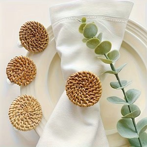 Handwoven Cane Napkin Holders Boho Floral Design Reusable Dining Accessories for Hotel Cafe Wedding Banquet - Product Image 2