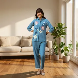 Blue Linen Cotton Embroidered Floral Shirt and <b>Trousers</b> Set for Women with Turn-<b>down</b> Collar and Three Quarter Sleeve Casual Wear - Product Image 1