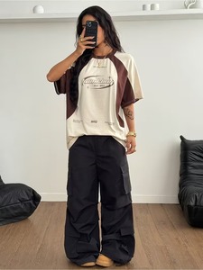 Women'S Streetwear Oversized Short Sleeve, Y2K Street Style Letter Print Trendy <b>Top</b>, Off-Shoulder Design <b>Patchwork</b> T-Shirt - Product Image 3