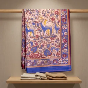 Sari Kalamkari en coton et soie, motif ivoire, peint à la main, ethnique indien, pour tous les jours, festivals et soirées - Product Image 6