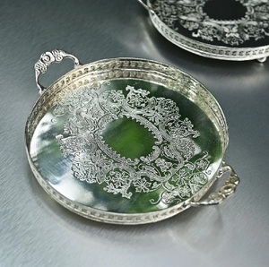 Silver Round Brass <b>Tray</b> with Handles Silver Decorative <b>Tray</b> with Handles Oval Coffee <b>tray</b> Hand Hammered Metal Platter for Living - Product Image 1