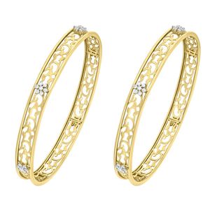 Yellow Gold Lab Grown Diamond Floral Filigree Openwork Bangle Pair - Product Image 2