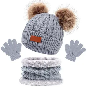 Ensemble de 2 bonnets tricotés à pompons pour enfants, ensemble de mitaines, bonnet brodé avec pompons