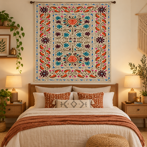 Drap de lit en coton brodé Suzani fait main de luxe, ivoire, orange, aqua, floral, paisley, bohème, ethnique indien, décoration de la maison, couvre-lit - Product Image 3