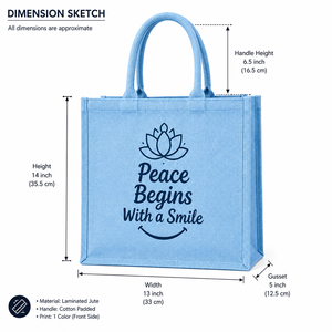 La Paz Comienza con una Sonrisa, Bolsa de Compras de Yute con Estampado de Loto, Tamaño Mediano, Asa Azul, Bolso Tote para Uso Diario - Product Image 2