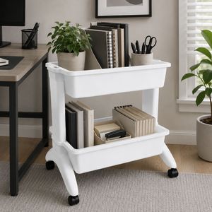 White Double Tier Plastic <b>Storage</b> <b>Cart</b> with Wheels for Office Organization - Product Image 1