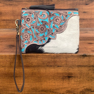 New Hand <b>Tooled</b> Cowhide Leather Zipper Travel <b>Makeup</b> Pouch for Women's High Quality Genuine Leather Wristlet Tassel Clutch Purse - Product Image 2
