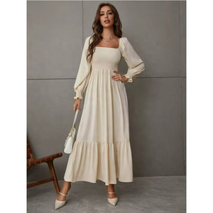 Y2K White Summer Polyester <b>Dress</b> for Women Casual Long Shirred <b>Ruffle</b> Hem With Square Neck and High Waist Long Sleeves - Product Image 3
