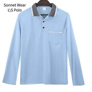 เสื้อโปโลแขนยาวผู้ชาย สีฟ้าอ่อน สีพื้น ดีไซน์กระเป๋าแบบลำลอง ทรงปกติ - Product Image 1