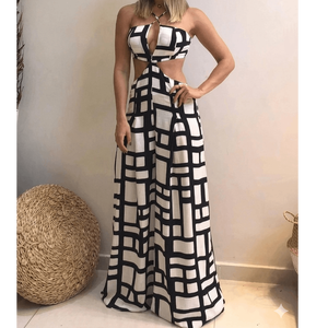 Vestido largo con estampado geométrico en blanco y negro para mujer, con espalda descubierta y detalle de lazo - Product Image 6