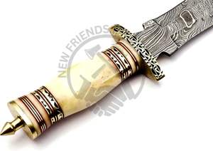 Couteau de chasse Dogger en acier de Damas avec manche en os de chameau et garde en laiton, 13 pouces, fait main, qualité supérieure, lame fixe à tranchant aiguisé - Product Image 6