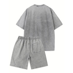 Conjunto de Camiseta y Pantalones Cortos de Algodón Gris Sólido para Hombre, Corte Regular, Casual, Transpirable, Manga Corta, Cuello Redondo, Jersey de 230g, Lavado - Product Image 2