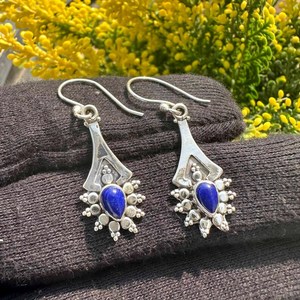 Boucles d'oreilles pendantes en lapis-lazuli faites à la main, argent sterling 925, pierres précieuses naturelles, bijoux cadeau pour femmes - Product Image 6