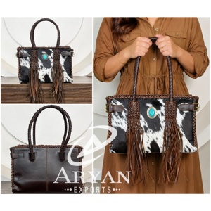 Bolso Tote de Cuero Vacuno Genuino Hecho a Mano de Primera Calidad con Flecos, Asas Trenzadas y Borlas para Mujer - Product Image 1