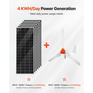 Kit d'énergie solaire et éolienne 24V 1000W, 6 panneaux solaires 100W, éolienne 400W, batterie LiFePO4 25.6V 100Ah, onduleur 3000W M - Product Image 2
